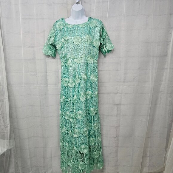 Handmade Seafoam Green Lace Crochet Floral Satin Formal Maxi formal Dress M/L - Picture 12 of 12